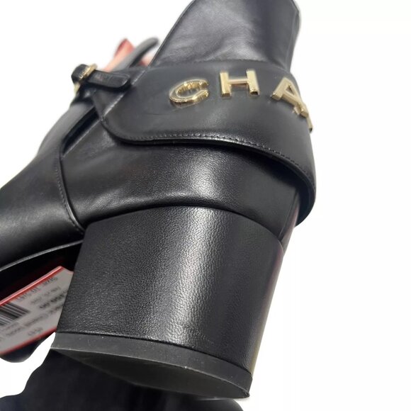 $1575 Chanel 21A Black Leather Velvet Toe Cap Logo Gold Strap Ankle Boot 10.5/41 - Picture 13 of 15